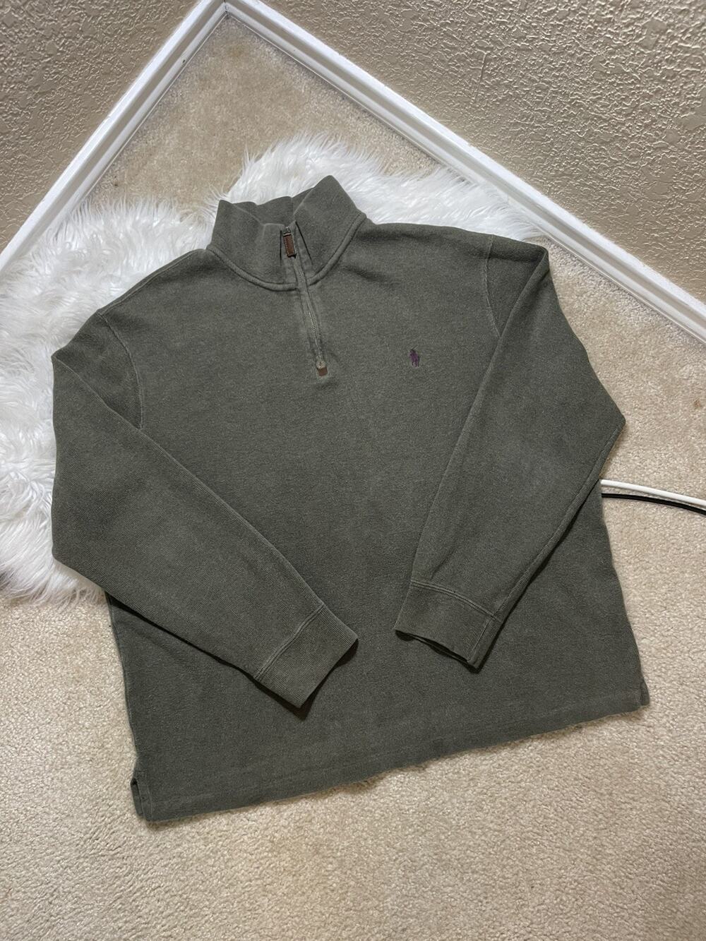 POLO RALPH LAUREN 1/4 Zip Pullover XL VTG Sweater Estate Rib Olive Green-475